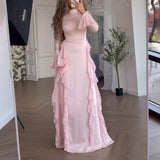 Women's Clothing Autumn 2024 Round Collar Horn Sleeve Temperament High-Waisted Splicing Tie With Dress Woman