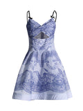 Women's Dress 2025 Spring New Women's Dress Slings Breasts Printed Waist Lotus Leaf Side Short Skirt