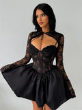 Autumn And Winter Series Lead Lace Long-Sleeved Black Lace Shoulder-Puff Mini Dress Beauty