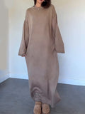 Solid-Colored Loose Knee Collar Long Knitted Dress In Autumn 2024