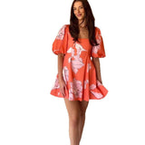 2025 New Solid Color Square Collar Short Sleeve Graffiti Zipper Casual Dress
