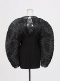 Egan Yarn Folded Skirt 2025 Spring New Round Collar Bubble Sleeve Splicing Sexy Bag Hip Dress