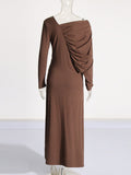 Comfort Elegance Wind 2025 Summer New V-Neck Long Sleeves Folded Asymmetric Design Dress