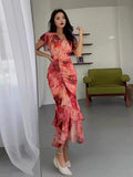 Thin Waist-Waisted French-Style Printed Bag Of Hip-Leaf Fishtail Dress