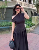 Women's Summer Round Neck Short Sleeve Splicing Irregular Pressure High-Waisted Skirt