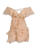 Holiday Wind Shoulder Short Dress 2025 New V Collar Shoulder Lotus Side Flower Dress Female High Sense