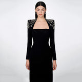 Temperament Square Collared Diamond With Long Sleeve Banded Dress Dress For Party Dinner