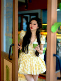 Short Dress Pure Vietnamese Niche Dress Yellow Broken Flower Deep V Print Holiday Thorny Skirt