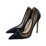 2025 New Breathable Mesh Drill High Heels 12CM Tip Finger Fine Heeled Women's Shoes High Quality Shoes
