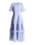 Elegant Dress 2025 Spring New Round Neck Pressure Folding Mesh Splicing Wave Point Cake Skirt