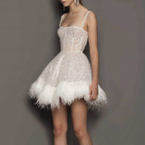 Autumn Women's Dress Party Sexy Wrapped Breasts Sling Skirt Feathers