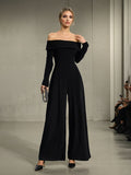 Famous Simple Wind 2025 Spring New Word Collar Long Sleeve Back Bow Design Long-Long Jumpsuit