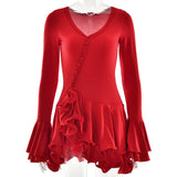New Hot Horn Sleeves To Close The Waist Short Dress Sexy Hottie Single Buckle Dress Woman HZ0628