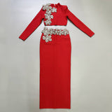 Fashion Diamond-Staggered Bandage Skirt Set Long Sleeve Half-Necked Short Blouse Dress Two-Sleeve Woman