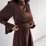 Long-Sleeved Lotus Leaf Cuffed Belt Waist-Repaired Penetted Joint Dress