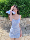 Mengling With A Sweet Blue Checkerge Dress 2025 Retro Square Collar Sexy Body Dress