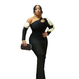 Hollow Oblique Shoulder Three-Dimensional Flower Long Sleeve Banded Dress Party Dinner Dress Dress