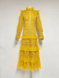 Autumn New Retro Style Lace Lace Splicing Long Dress Design Hollow Waist Dress