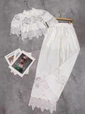 Collar Short-Sleeved Lace Top + Tight Waist Tie With Lace Spliced Wide Leg Trousers Set Woman