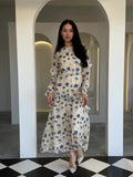 New Gentle Wind Crush Floral Dress Women's Round Collar Long-Sleeved Leaf-Side Dress