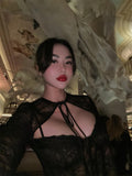 Autumn And Winter Series Lead Lace Long-Sleeved Black Lace Shoulder-Puff Mini Dress Beauty