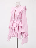 Lotus Leaf Side Solid Dress 2025 New Female Summer Round Lantern Sleeve With Belt Splicing Dress