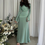 Temperament Micro-Trumpet Folded Cross Superimposed Tying Belt Girded Waist Dressing Spliced High-Waisted Dress