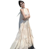 Summer Dress French Apricot Embroidered Hanging Neck Dress Sleeveless Shoulder Big Skirt Holiday Dress Dress