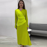 Temperament Micro-Trumpet Folded Cross Superimposed Tying Belt Girded Waist Dressing Spliced High-Waisted Dress
