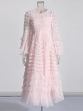 Retro Style Personality 2025 Summer New Round Collar Long Horn Sleeve Wood Ear Mesh Mesh Stitching Dress