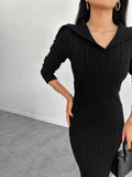 Fashion Knitted Solid Color In Autumn 2024 V-Neck Bag Hip Dress