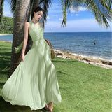 Fragmented Hanging Neck Dress Spring And Summer Holiday Wind Pure Lusty Folding V-Neck Net Yarn Long Dress Girl