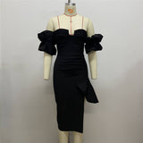 Women's Sexy Breasts Deep V Bandaged Skirts Shoulder Lantern Sleeve Open Party Dress Dress