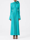 Spring New 2025 Three-Dimensional Flower Decoration Shoulder Horn Sleeve High-Waist Opening Dress Woman