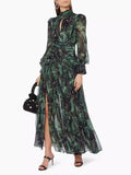 Trendy Goddess Design Fashion Acetyle Silk Silky Print High Open Fork Seaside Holiday Dress