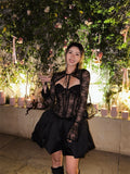 Autumn And Winter Series Lead Lace Long-Sleeved Black Lace Shoulder-Puff Mini Dress Beauty