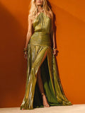 Women's Metallic Metallic Folding Fork With Hanging Neck Dress Sleeveless Back 8155 HZ0628
