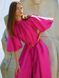 2024 New Collar Lantern Sleeve Single Buckle Belt To Collect Waist Long Dress Dress Woman