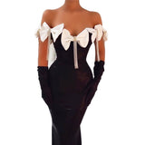 One-Word Shoulder Bow Tuxedo Diamond Bandage Croak Party Long Dress Dress Skirt
