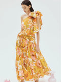 Summer New Shoulderless Sleeveless Bow Tie Ting Waist Layered Print Long Dress Woman
