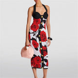 New Small Fragrant Rose Jabreeze Knitted Banda Skirt Sexy Hanging Neck Gold Buckle Elastic Dress