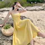 Yellow Bareback Strap Sling Sexy Dress Seaside Holiday Dress Waist And Ankle Beach Dress