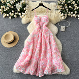 A line Spaghetti Straps Pink Floral Holiday Dresses Midi Length Women's Dress SD1274