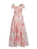 Vintage Flower Drewing Dress 2025 Summer New V-Neck Waist Opened Lotus Leaf Side Dress