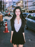Mengling With A Retro Shirt Collar Splicing V-Neck Dress Autumn And Winter High-End Black And White Folding Dress