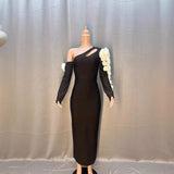 Black Shoulder Hollow White Flower Long Sleeve Long Bandat Party Evening Dress
