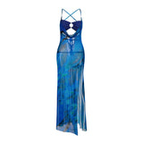 Sexy Print Collar Open Fork Dress 2025 Summer New Women's Dress DJPT