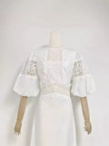 Australian Round Neck Lantern Sleeve Short Sleeve Water-Soluble Lace Splicing Holiday Style Temperament White Dress Dress