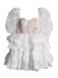 Version Of The Women's Group Wind 2025 Summer New Heavy Industry Bubble Sleeves Embroidered With Leaves Side Short Women's Dress