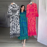 Women's Autumn New V-Necked Lantern Sleeve Print High-Waist Retro Long Dress
